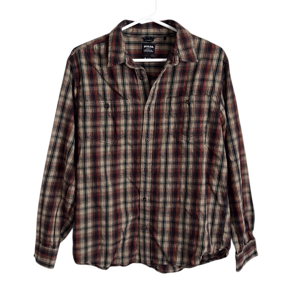 PRana Men’s Medium Dolberg Flannel Shirt Brown Plaid Outdoor Gorpcore Casual